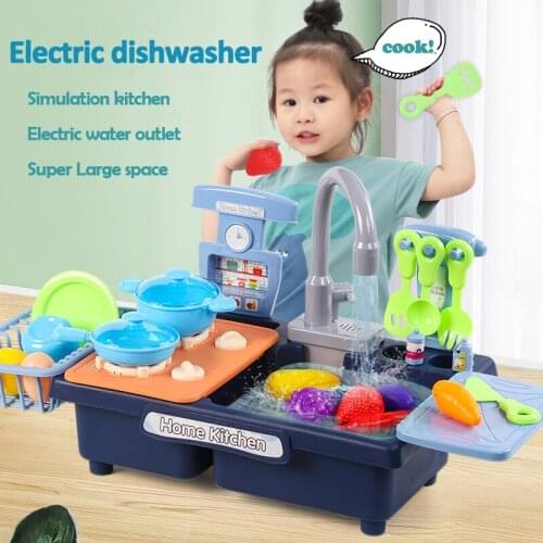 Simulation Kitchen Toys Electric Dishwasher Set Role Play House Fruit Running Water Cooking Pretend Toys For Girl Kid Present