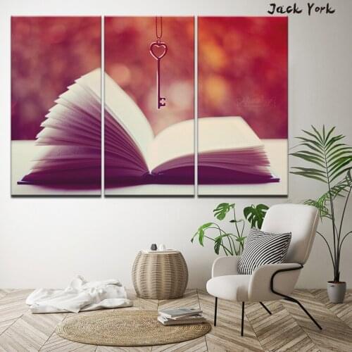 Canvas Painting books and Love key necklace 3 Pieces Wall Art Painting Modular Wallpapers Poster Print living room Home Decor