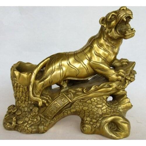 China brass wealth money coin angry animal zodiac tiger roar Brush pot statue