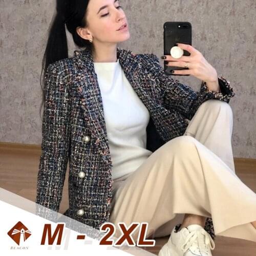 Checkered Tweed Coat Womens Jacket Plus Size Long Sleeve Lapel Thick Jacket Female Casual Jacket Coat Hand-tassel Loose Coat