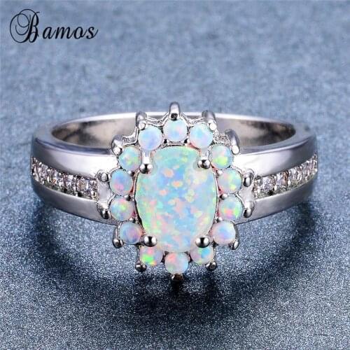 Bamos Boho White Oval Fire Opal Ring Trendy Rainbow Flower Ring For Women Silver Color Wedding Engagement Jewelry