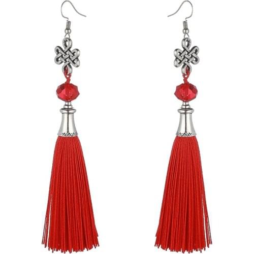 New Fashion Bohemian Tassel Crystal Beads Long Earrings For Women Black Red Blue Silk Fabric Drop Dangle Earrings 2019 Jewelry