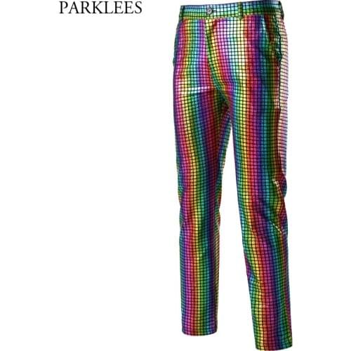 Shiny Metallic Men Pants Sequin Color Plaid Pants Mens Rock Hip Hop Trouser Men Nightclub Dance Disco Festival Pantalones Hombre