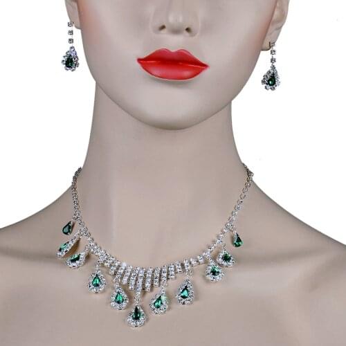 Chran Green Drop Crystal Jewelry Set Silver Plated Simple Rhinestone Necklace Earrings Set