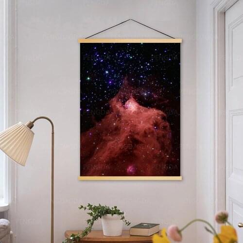 Wall Art Solid Wood Scroll Hanging Painting Canvas Starry Poster Cosmos Pictures Print Home Decoration for Bedside Background