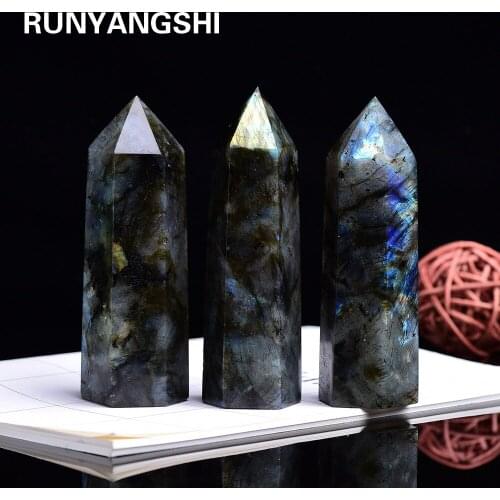 Runyangshi 1pc Natural labrador feldspar Wand Point Healing Stones for Aquarium DIY Making Ornaments Home Decor 10x3cm