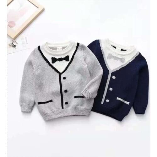 New Girls Designer Clothing Knitted Sweater Suit Korean Version Cute Fake Two-piece Round Neck Coat With Bow For Kids Winter