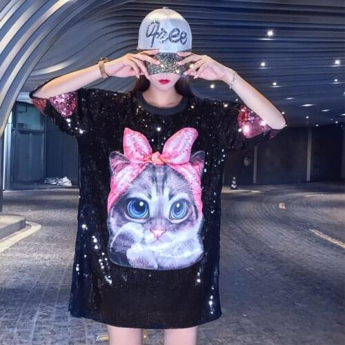 New Summer Beading Cartoons Oversize T-shirts Womens Sequined Embroidery Long TShirt Tees Short Sleeve Black White T-Shirt Tops