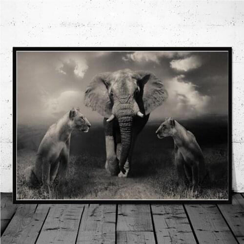 African Wild Lions and Elephant Black and White Animals Canvas Painting Posters and Prints Wall Art Pictures for Room Home Decor