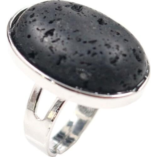 FYSL Silver Plated Oval Shape Black Lava Stone Resizable Finger Ring White Howlite Charm Jewelry