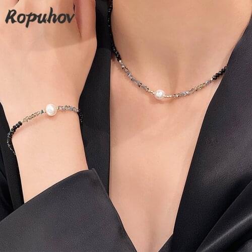 Ropuhov 2021 New Trendy South Koreas Red Pearl Black Crystal Bracelet Necklace Set Niche Design