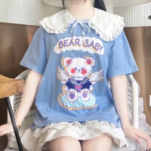 Harajuku Cute Bear Baby Cartoon Print Loose Casual Tops Ulzzang Japanese JK Angel Vintage Y2K Sweet Girls Female Cotton T-Shirts