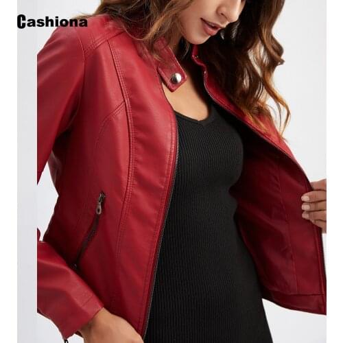 Trendy 2020 Faux Pu Leather Jackets Women Spring Autumn Outerwear Pocket Zipper Coat Slim Fitted Jacket Red Black Femme Clothing