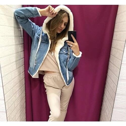 Womens Winter Plus Velvet Ladies Denim Jacket for Women Warm Thick Hooded Jacket College Wind Ladies Warm Denim Jacket