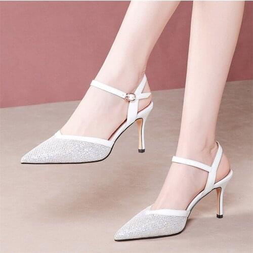 Cow Leather High Heels Women Pumps Pointed Toe Genuine Leather High Heel Party Dress Shoes Buckle Strap Shoes Ladies Black White