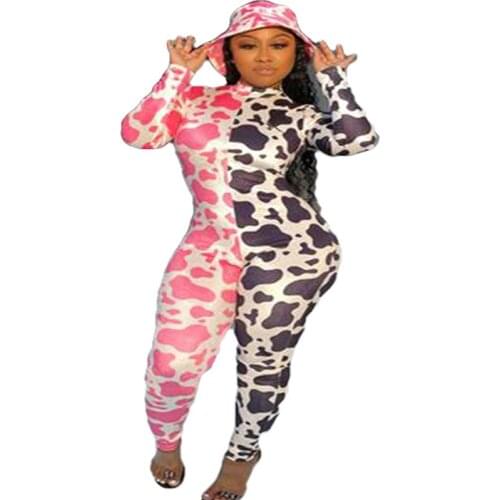 Long Skinny Jumpsuit Women 2020 Patchwork High Collar Full Sleeve Casual Cow Bodysuit Autumn Spring Sexy Rompers Ladies Playsuit