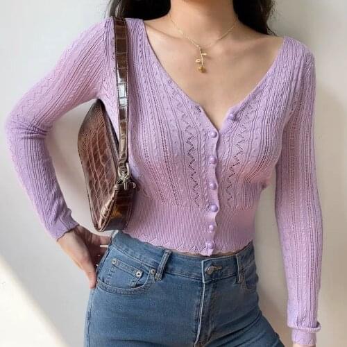 Womens Fashion Button Short Knit Cardigan Hollow Sweater Retro V-neck Long Sleeve Jacket Chic Thin Top 2021 Summer Autumn New