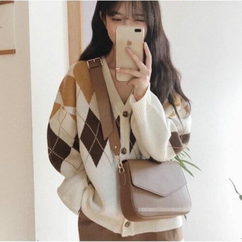 Women Autumn Winter Long Sleeve Sweater Coat Female Plaid Rhomb Knitted Cardigan V Neck Cozy White Single Breasted Outwear