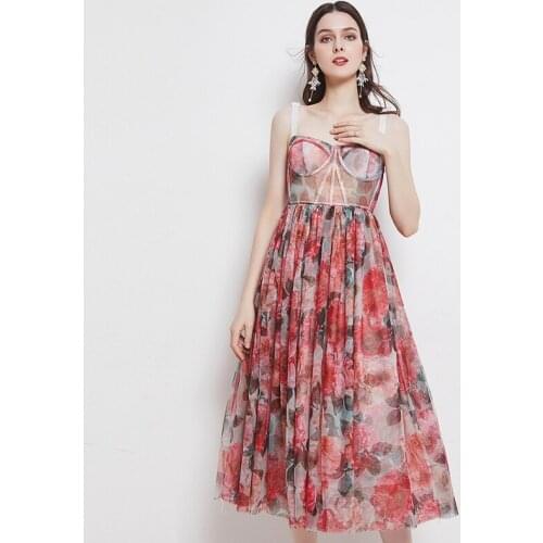 2021 Summer Rose Floral Bohemian Spaghetti Strap Cup Dress Womens Backless Sexy Strapless Mesh Flower Print Beach Holiday Dress