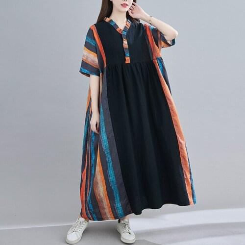 Patchwork Vintage Women Dress 2021 New Summer Plus Size V-Neck Short Sleeve Printed Striped Loose Ladies Long Dresses Vestidos