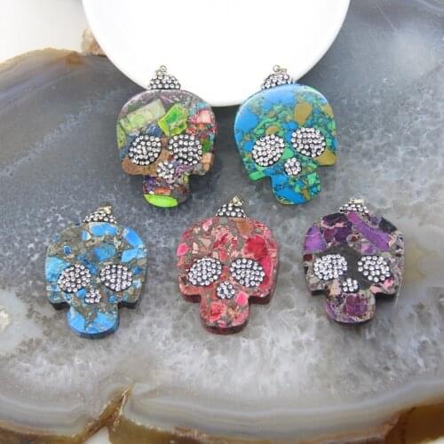 1pcs Natural Emperor Stone Carved Skull Slice Slab Pendant,Sea Sediment Imperial Jasper Paved Rhinestones Necklace DIY Jewelry