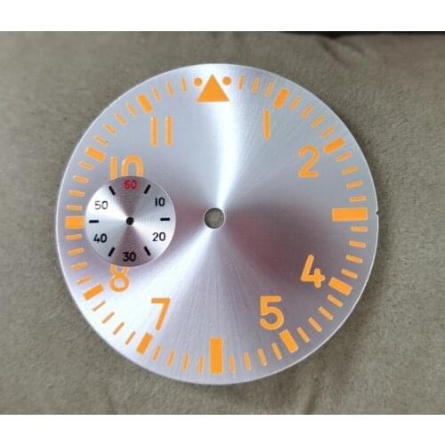 38.9mm GEERVO fashion sterile orange luminous orange Numbers silvery dial fit ETA6497 movement Mens watch dial 017A