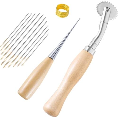 4PCS Leather Craft Tool Sets Hand Stitching Sewing Leather Craft Sewing Saddle Punch Tools Kit Wood Metal Stitching Wheel