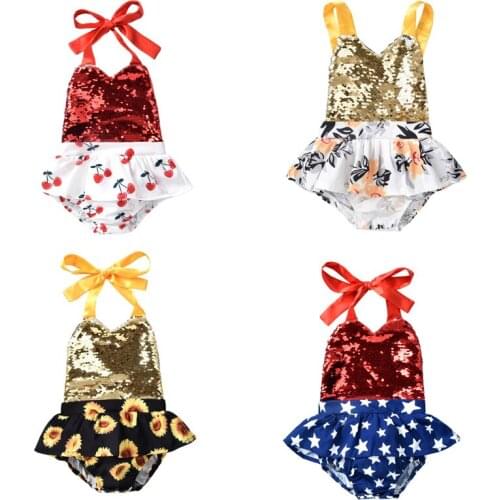 5 Colors Lovely Infant Baby Girls Summer Rompers Sleeveless Backless Sequins Halter Flower Print Romper Jumpsuits Dress Outfits
