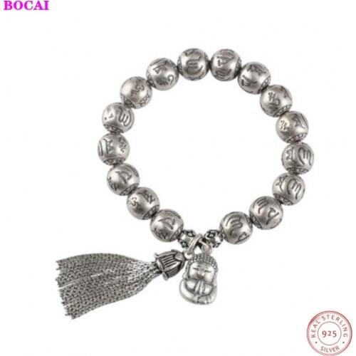 S925 sterling silver buddha bead bracelet 10 mm matte frosted six character mantra Sakyamuni tassel Thai silver womens Bracelet