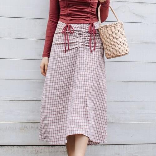 Long Skirts For Women Spring 2020 Korean Style Vintage Plaid Pleated Slim High Waist A Line Skirt Red Beige Saias B326