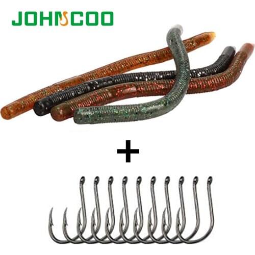 JOHNCOO Fishing Lure 16pcs Noodle Soft Bait and 10pcs Hooks Artificial Worm Baits Silicone Fishing Lures Crankbait