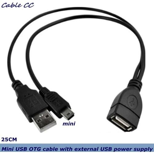 25cmTwo-in-one USB 2.0 female to Mini USB OTG cable with external USB power supply for keyboard and U disk, mobile hard disk