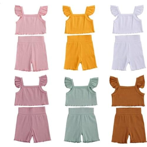 Citgeett Summer Solid 1-4Years Kids Baby Girls Ribbed Clothes Set Ruffled Tops Vest Elastic Band Shorts Clothes Outfis Sunsuits