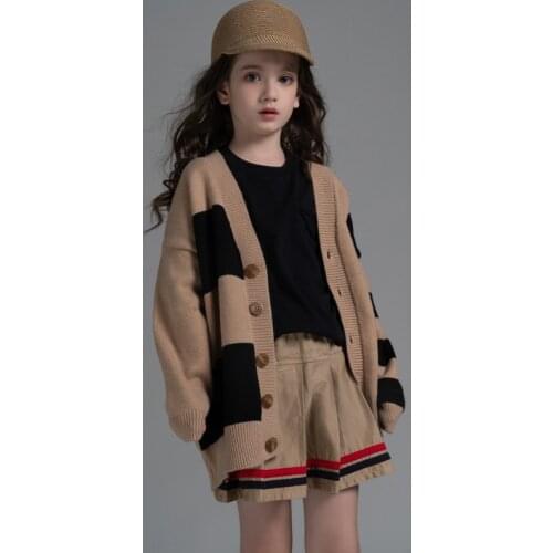 New Teenager and Kids Sweater 2021 Girls Cardigan Baby Autumn Coat Children Tops Buttons England Style Black Khaki,#6474