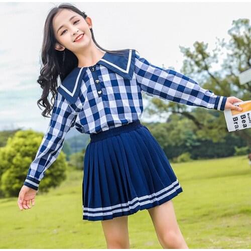 New Girls Spring And Autumn Fashion Suit Girls Long-sleeved Blue Plaid Lapel Shirt + Pleated Skirt 2-piece Set Girl Casual Suit