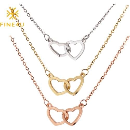 FINE4U N805 Stainless Steel Double Heart Pendant Necklace Gift for Women Girls Girlfriends Valentines Day Mothers Day