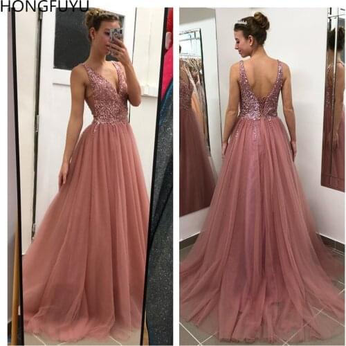 HONGFUYU Beading Prom Dresses 2021 V Neck Pink High Split Tulle Sleeveless Formal Evening Gowns A-line Lace Up Vestidos De Festa