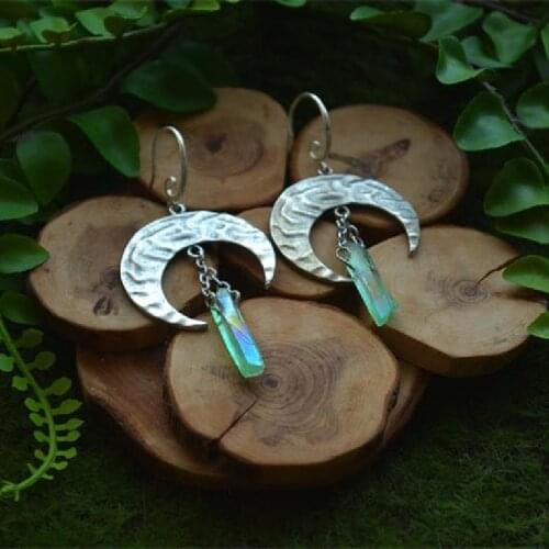 Crescent Moon Green Stone Earring Witchy Fashion Wicca Healing Crystal Magic Goth Empath Protection Celestial Jewelry Women Gift