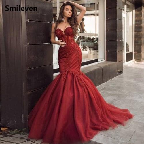 Smileven Dark Red Mermaid Evening Gowns Seweetheart Neck Beaded Prom Party Dresses 3d Appliqued Formal Evening Dress 2019