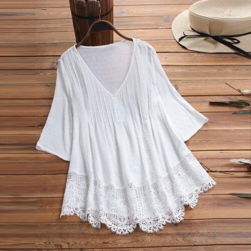 Women Sexy Lace Patchwork Hollow Out Shirt Long Sleeve Crew Neck Button Mesh Design Blouse Spring Fashion White Vintage Shirts