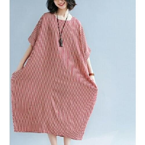 Women clothing cotton and linen stripe women dresses women dresses o-neck short sleeve one size plus size european clothing