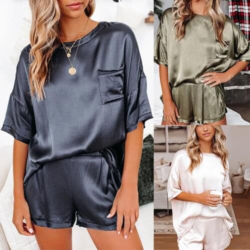 Women Chiffon Outfit Short Sleeve T-shirt Shorts Soft Two Piece Set Pajamas for Summer Homewear