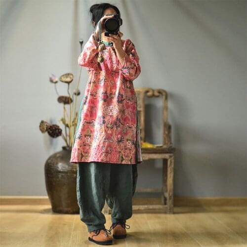 Women Loose Printed Tencel Linen Blouse Shirt Tops Ladies Vintage Print Tops Female Spring Autumn Blouse 2020