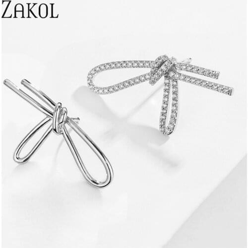 ZAKOL Korean Temperament Cubic Zircon Bow Asymmetry Stud Earrings for Women Party Jewelry Gift Dropshipping FSEP2703