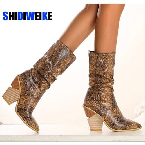 Black Snake skin Women Boots 2021 Pointed Toe Western Boots Cowboy Boots runway design Chunky Wedges heel Mid-calf Boots AB852