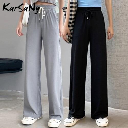Womens Pants For Women Summer Autumn 2021 High Waist Ice Silk Trousers White Casual Wide Leg Pants Full Elastic Waist Trousers
