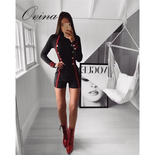 High Quality Sexy Long Sleeve Button Rayon Bandage Playsuits Celebrity Womens Rompers