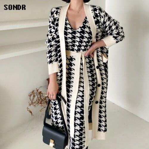 2020 Korean Sweater Set Fashion Vintage Style V-Neck Long Knitted Sweater Coat + Houndstooth Vest Dress Female Two-Piece Suit