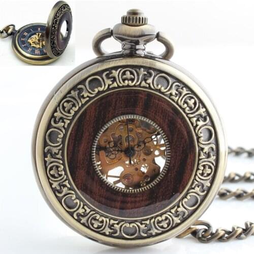8004) 10pcs/lot Steampunk Bronze Wood Inlay Cover Mechanical Pocket Watch Necklace