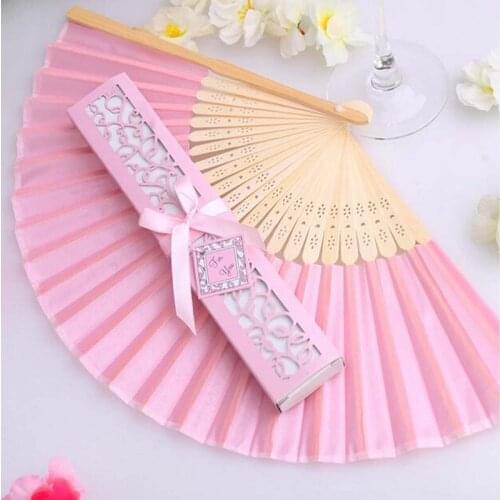 Free shipping 100pcs/Sets Luxurious Silk Fans&paper boxbest wedding gifts party favor pink beige black 3color